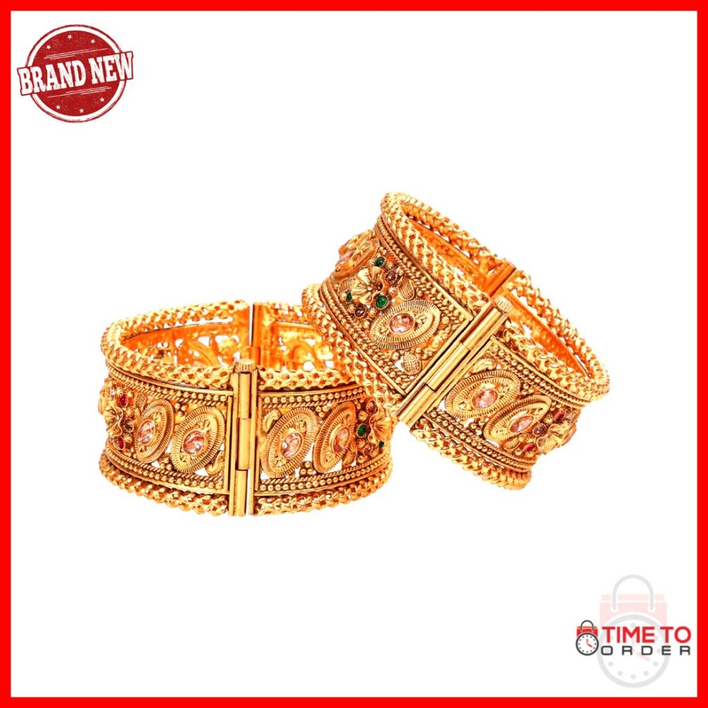 Gold Tone Bangle Set Floral Engraved Screw Closure Traditional Ethnic Jewelry
